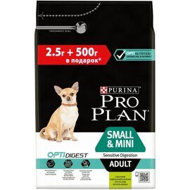 Сухой корм Pro Plan® для взрослых собак мелких и карликовых пород с чувствительным пищеварением, с высоким содержанием ягненка 2,5 кг + 500 г в подарок