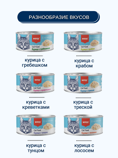 Wanpy Cat Консервы для кошек "Кусочки курицы и треска" 95 г